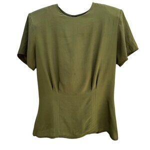 Petite Illustrations Vintage Green Button-Back Short Sleeve Pleated Front Blouse